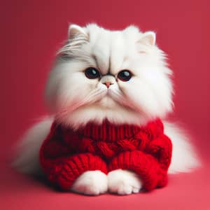 Fluffy White Persian Cat in Vibrant Red Sweater