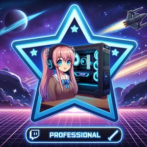 Star-Shaped Twitch Alert with Space Background and Anime-Style Gaming PC