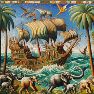 Medieval Ship Mosaic Sailing to Tropical Islands with Elephants