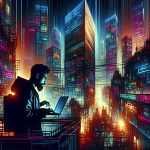 Futuristic Cyberpunk Cityscape with South Asian Male Hacker