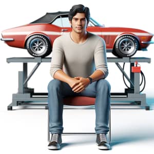 3D Image of Hispanic Man Sitting on Chair with Classic Red Convertible