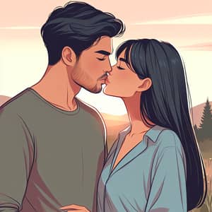 Romantic Sunset Kiss - Hispanic Man & South Asian Woman