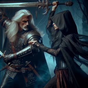 Epic Fantasy Battle: Silver-Haired Warrior vs. Malevolent Witch