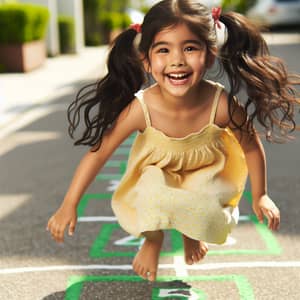 Joyful South Asian Girl Playing Hopscotch on Sunny Sidewalk