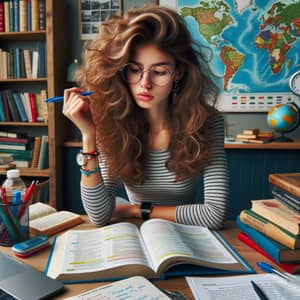 Italian Descent Student Studying English Grammar in Book-Filled Room