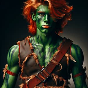 16-Year-Old Half-Orc Barbarian with Vibrant Green Skin and Fiery Red Hair
