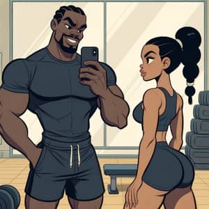 Cartoon Style Gym Selfie of Black & Hispanic 21-Year-Old Couple