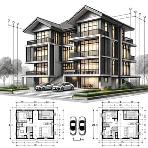 Three-Story Building Architectural Plan with Independent Living Units and Garage