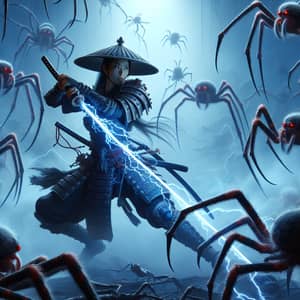 Female Samurai Warrior Battling Mythical Spider Creatures