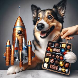 Playful Dog with Rocket Ship and Chocolates | Adventure Awaits