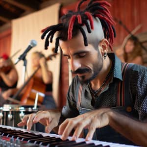 Argentine Musician with Black and Red Dreadlocks Playing Piano in Cumbia Band