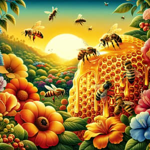 Healthy Bees and Golden Honey in Vibrant Garden Scene