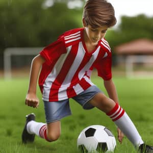 Hispanic Boy Playing Soccer in Red Stripe Jersey | Madrid Inspired