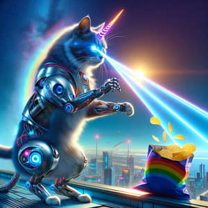 Futuristic Cyborg Cat Shooting Lasers on Unicorn Eating Potato Chips