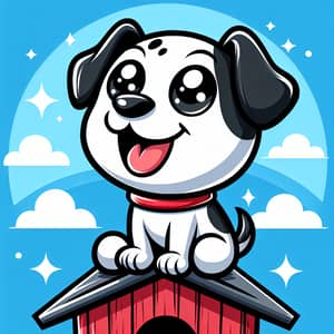 Adorable Cartoon Dog on Red Doghouse | Bright Sky View