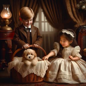 Victorian Times Endearing Scene with Children and Puppy