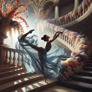 South Asian Girl Gymnast in Flowing Dress on Flower-Adorned Staircase