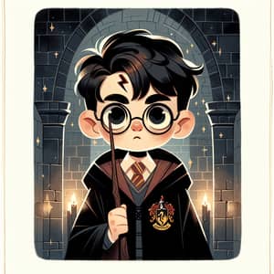 Young Wizard Boy with Lightning Scar and Wand - Magical Illustration