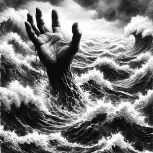 Dramatic Black and White Image: Hand Reaching from Stormy Sea