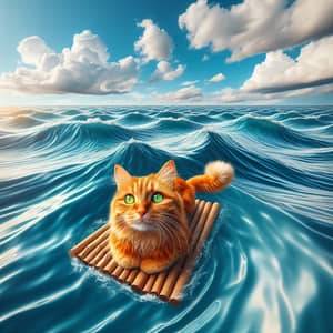 Orange Tabby Cat Floating on Raft in Vast Azure Sea