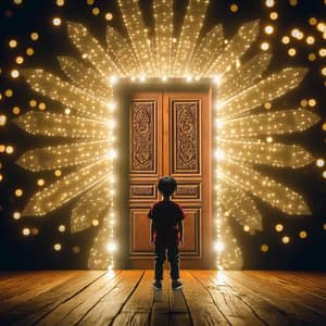 Brightly Lit Wooden Door with Expectant South Asian Boy
