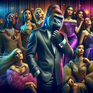 Elegant Gorilla in Tailored Suit Surrounded by Diverse Glamorous Women in Luxurious Club