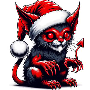 Festive Cat-like Demon with Red Eyes and Santa's Hat
