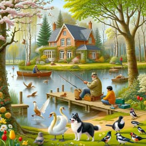 Tranquil Spring Scene with Fishermen, Swans, and Playful Dog