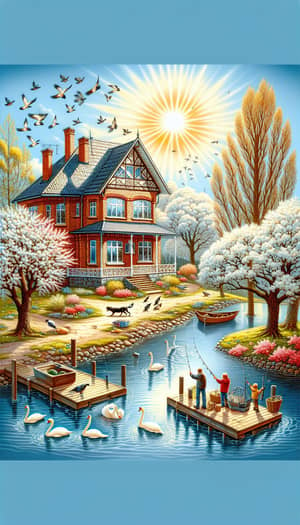 Tranquil Spring Scene: Brick House, Pond, Fishermen, Swans