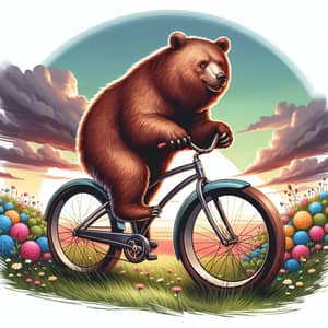 Majestic Brown Bear Riding Bicycle Through Blooming Landscape