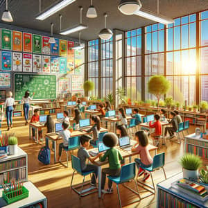 Modern Elementary Classroom with Diverse Students & Green Corner