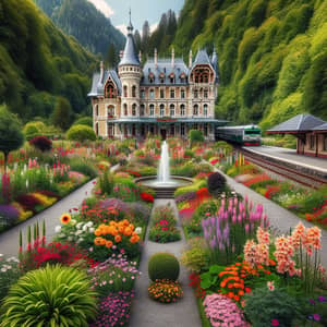 Majestic Castle Garden with Vibrant Flowers, Fountain, and Railway Station