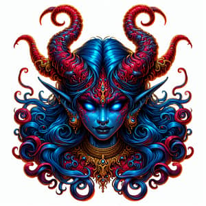 Enigmatic South Asian Demon with Blue Hair and Red Horns