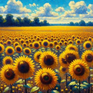 Vibrant Sunflower Field, Impressionist Painting