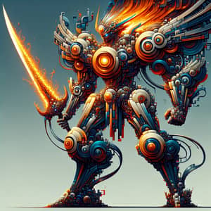 Abstract Giant Robot with Flaming Sword - Anime-Inspired Artwork