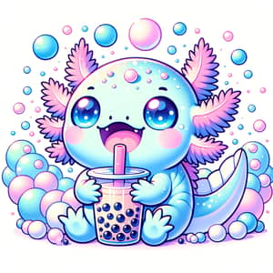 Cute Kawaii-Style Axolotl Sipping Bubble Tea Design