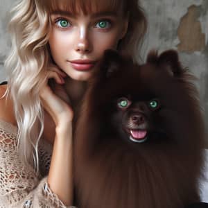 Chocolate German Spitz Dog with Caucasian Woman