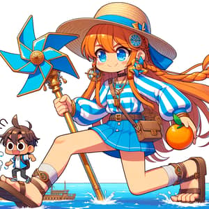 Anime Style Female Explorer with Orange Hair on Pirate Ship