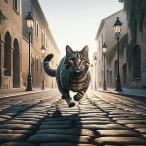 Brindle-Coated Feline Crossing Urban Road | Muscular Cat in Action