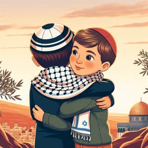 Jewish and Palestinian Boys Embracing in Symbol of Peace