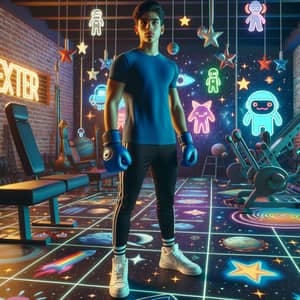 Hispanic Boy in Space-Inspired Gym with Gaming Vibe