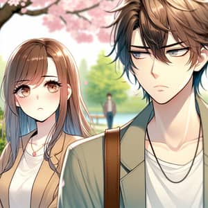 Anime-style Scene Young Woman in Love at Peaceful Park