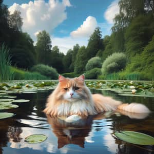 Fluffy Orange and White Cat Swimming in Pond
