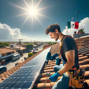 Hispanic Man Installing Solar Panels on House Rooftop in Mexico