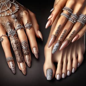 Elegant Hands and Feet: Artful Nail Decor with Rings & Bracelets