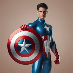 Muscular Caucasian Male Superhero with Shield in Red, White, Blue Suit