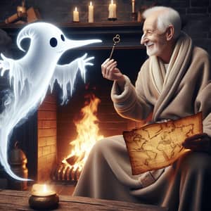 Elderly Man by Fireplace with Ghost, Key & Map
