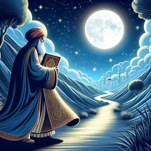 Enlightening Night: Historic Figure on Moonlit Path