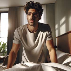Charming Morning Scene of a Young Hispanic Man in Modern Bedroom