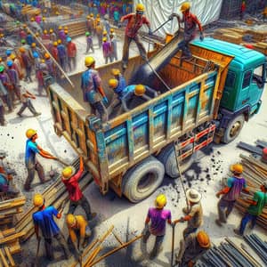 Dynamic Construction Workers Unloading Vehicle | Vibrant Scene